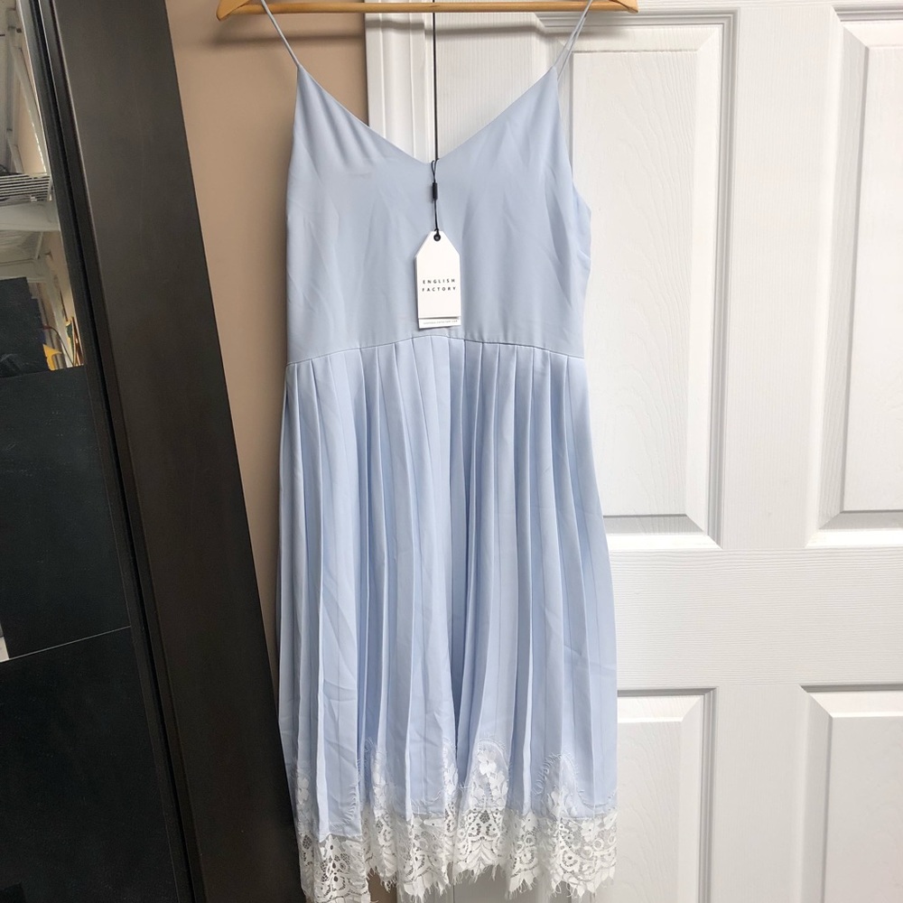 Dainty pale blue lace pleated English tea dress